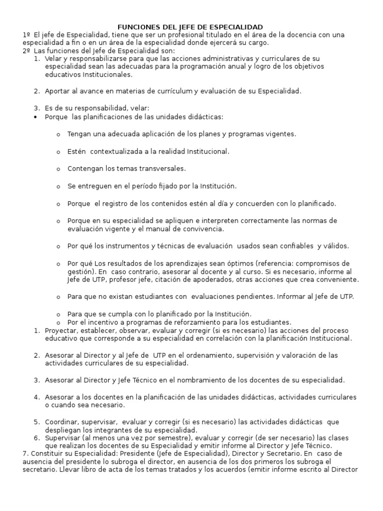 Funciones Del Jefe de Especialidad Plan de estudios Evaluación