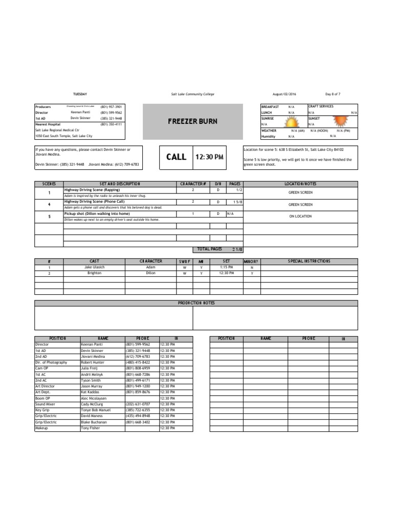 Film Production Call Sheet | PDF | Science & Mathematics