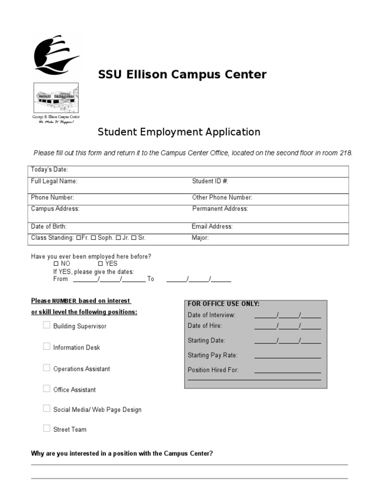 SSU Campus Center Job Application Form | PDF