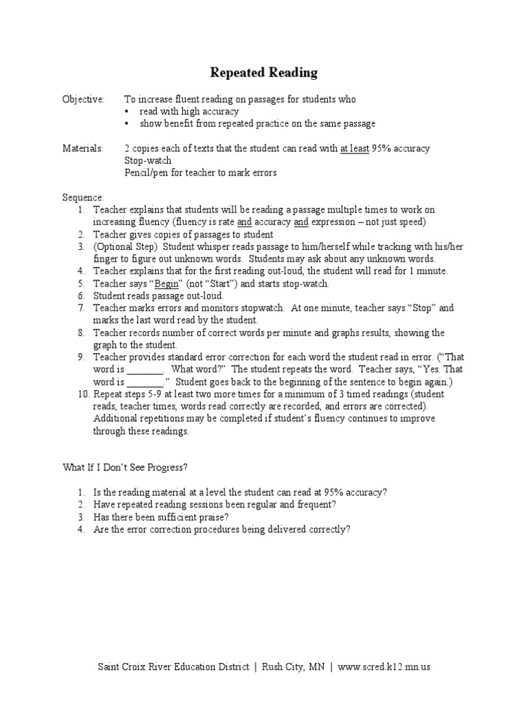 Repeated Reading Fluency Strategy Guide | PDF | Reading (Process ...