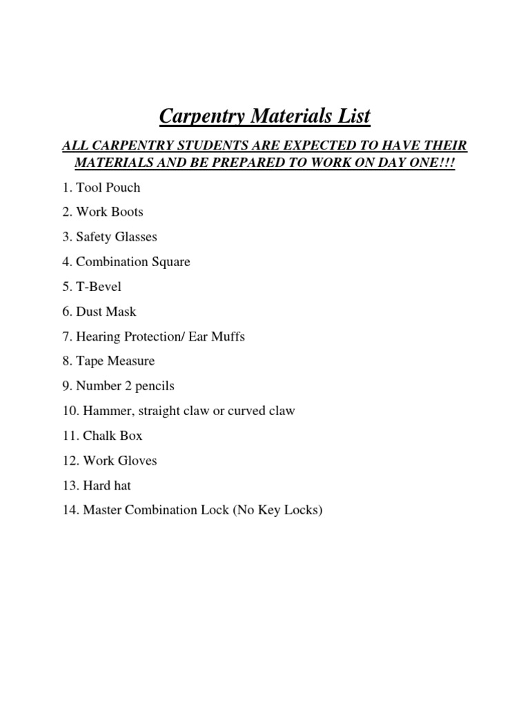 Carpentry Materials Checklist for Students | PDF