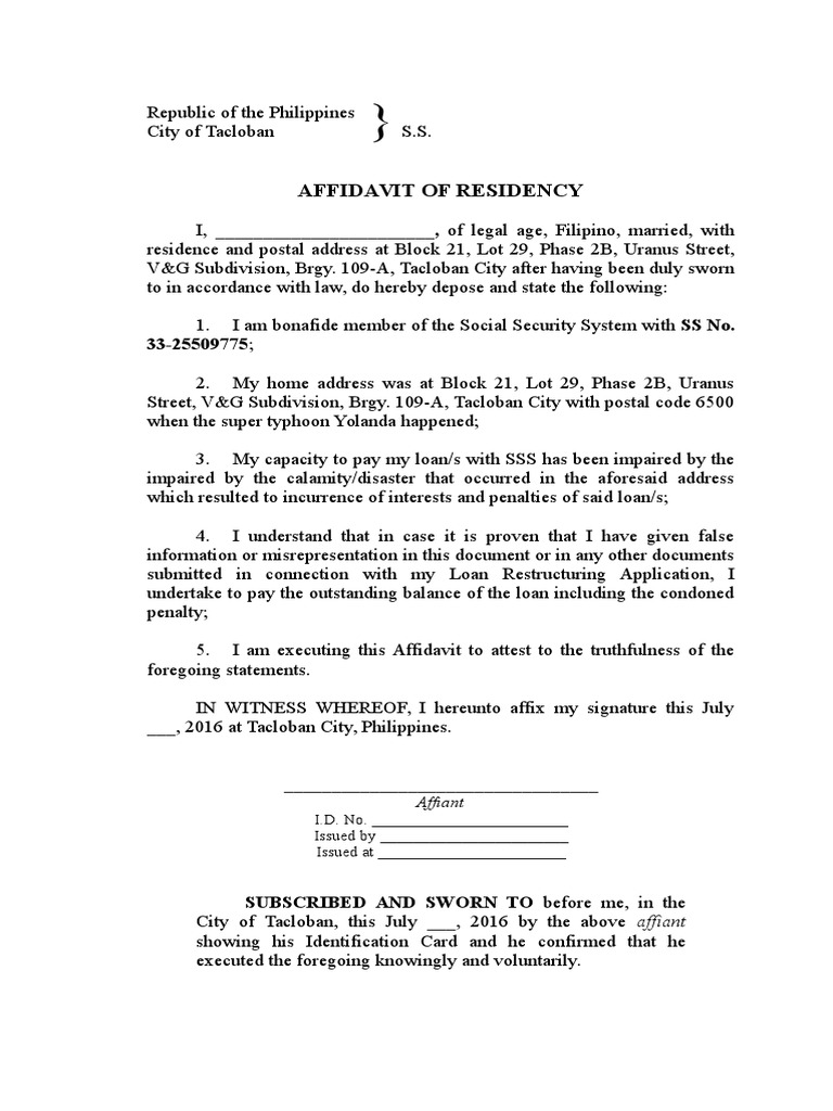 Affidavit of Residency Sample