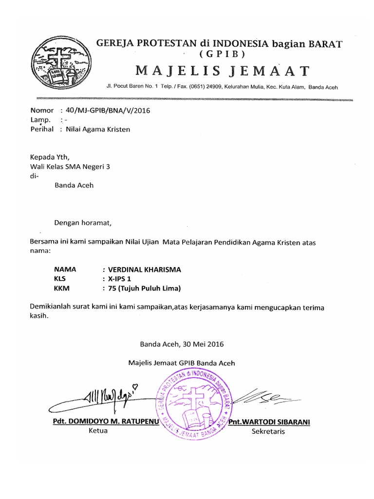 Contoh Surat Nilai Agama Kristen Dari Gereja Goreng