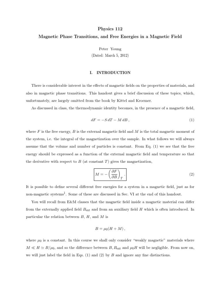Magnetic Phase Transitions, and Free Energies in A Magnetic Field | PDF