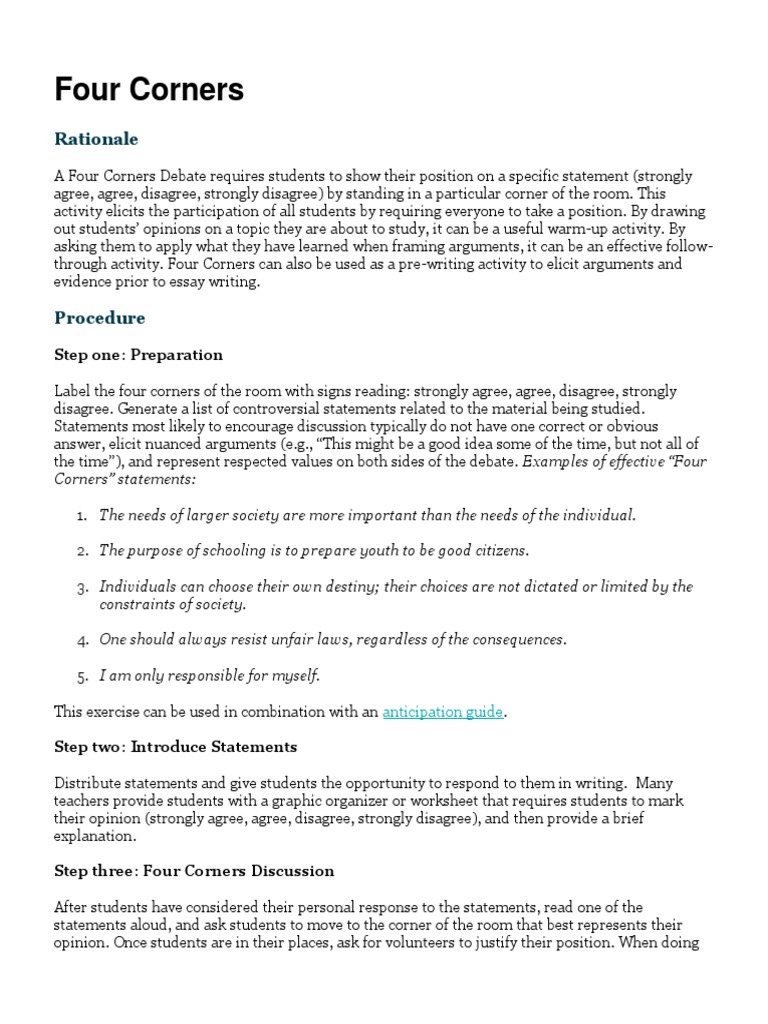 Four Corners Activity PDF Argument Learning