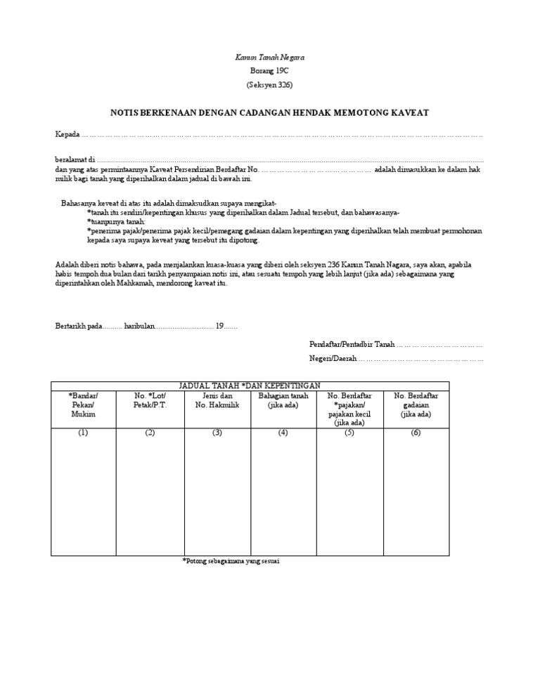 Form Ktn 19c Borang Notis Tarik Balik Kaveat Pdf