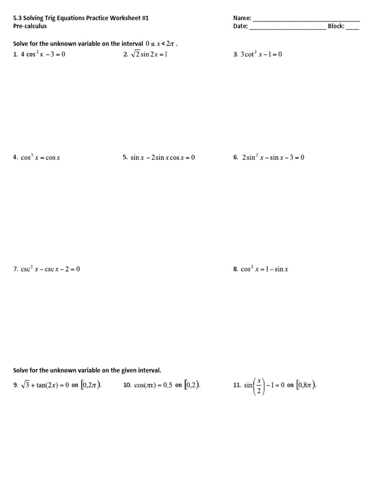 Solve Trig Equations - Work Sheet | PDF