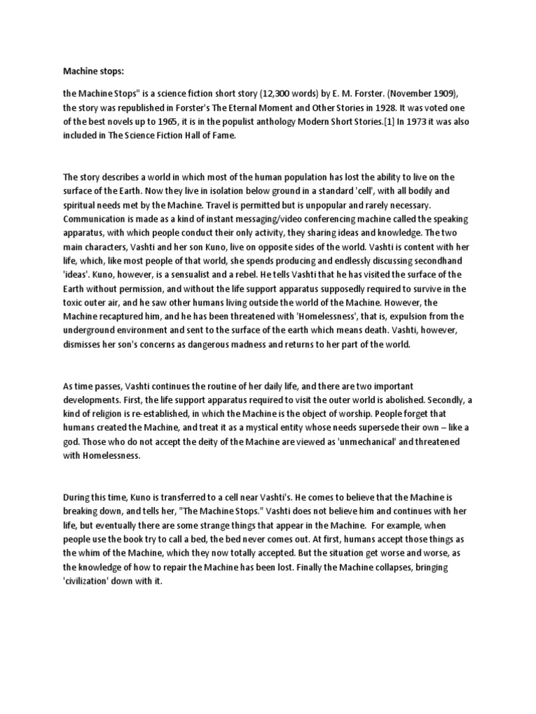 Machine Stops Summary Fiction & Literature