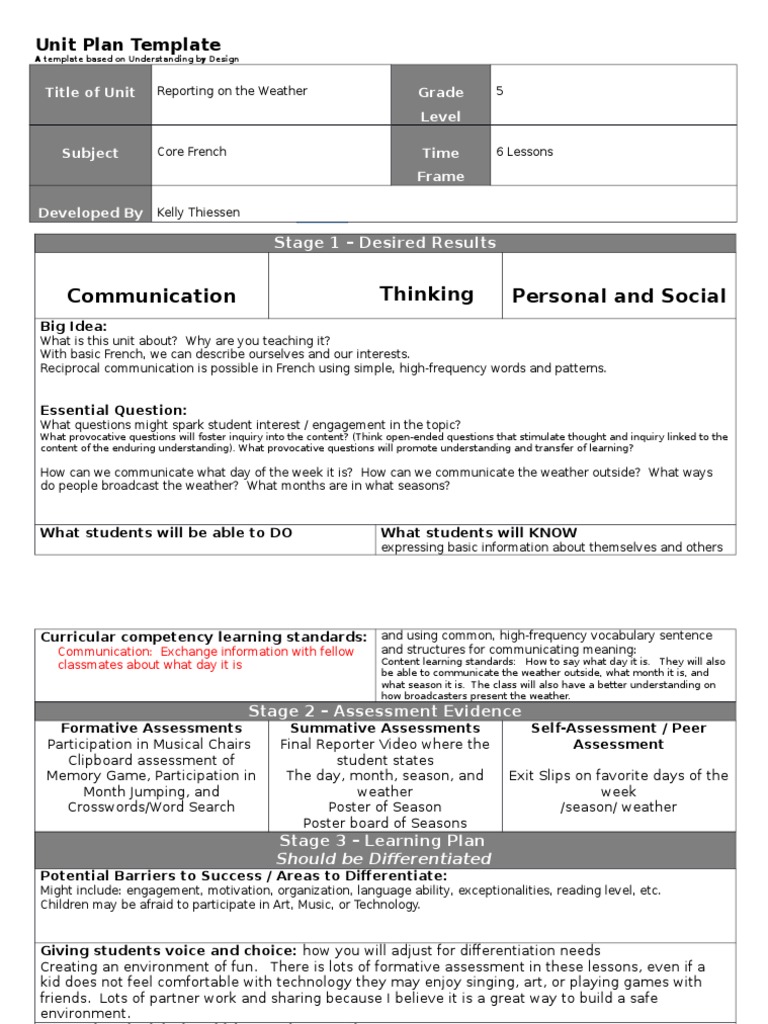 French Weather Unit Plan for Grade 5 | PDF | Educational Assessment ...