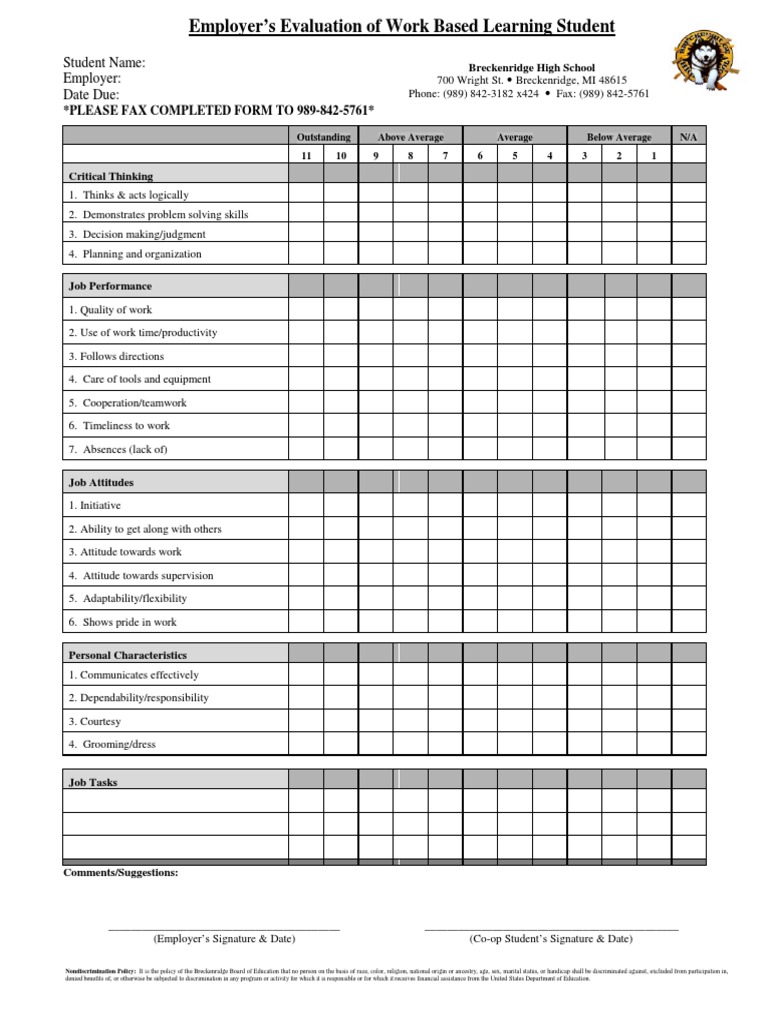 Employer Evaluation for Work-Based Learning | PDF
