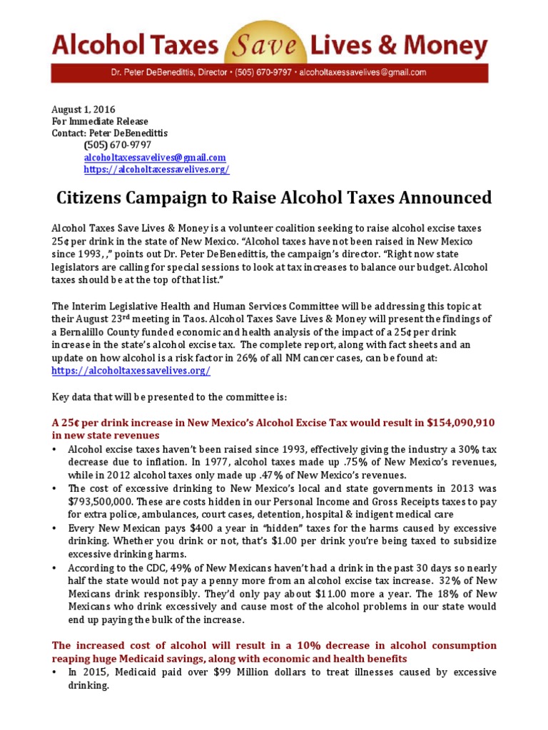 Campaign Announced to Raise Alcohol Taxes Excise Taxes