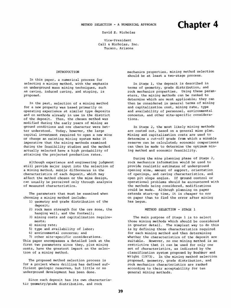 Nicholas Mining Method Selection | PDF | Economic Geology | Mining