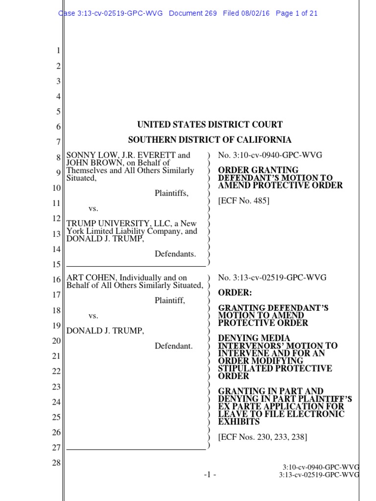 Trump U Order Denying Media Intervenors Motion | PDF | Deposition (Law ...