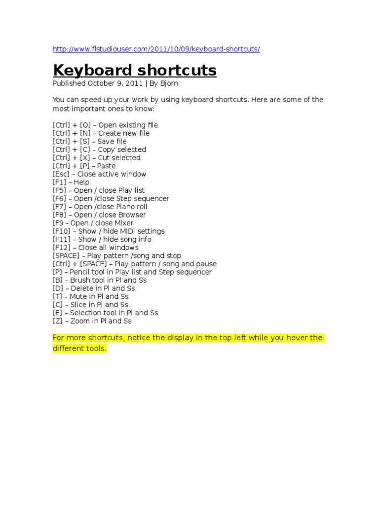  FL Keyboard Shortcuts PDF Keyboard Shortcut