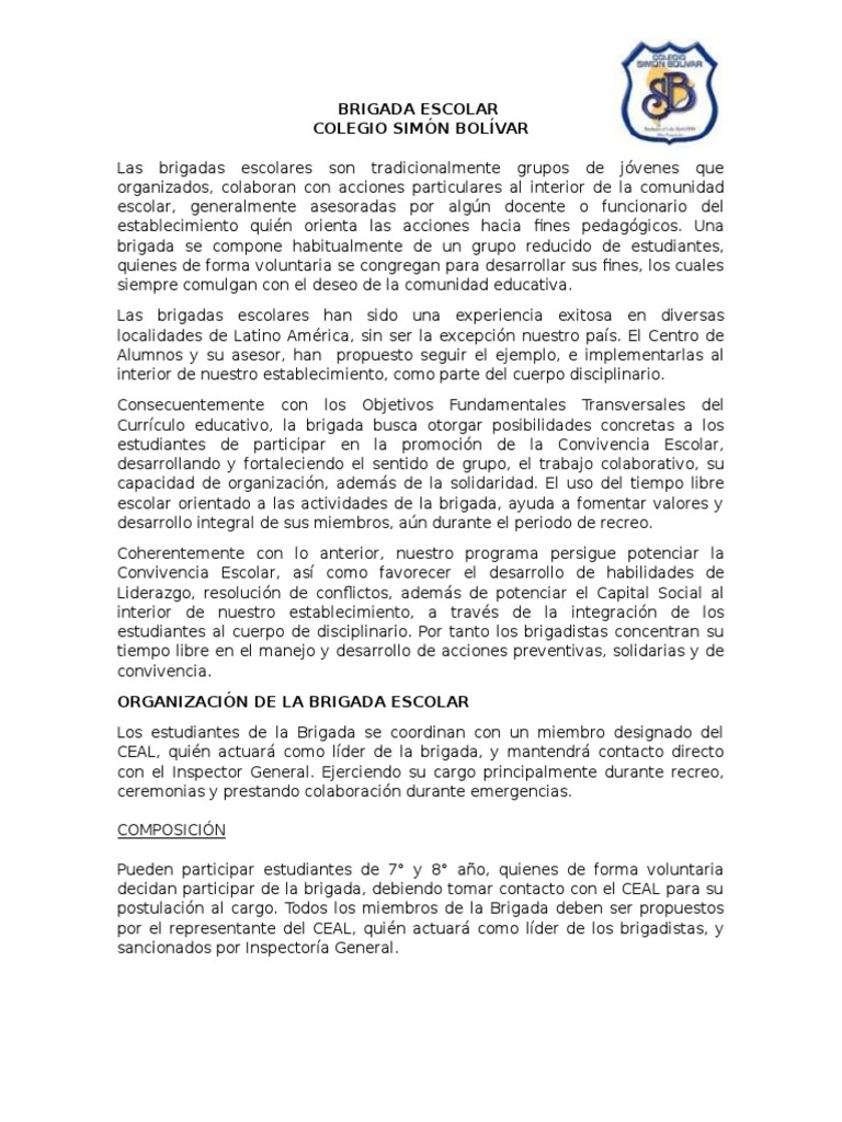 Proyecto Brigada Escolar Colegio Simón Bolívar | PDF | Liderazgo | Plan ...