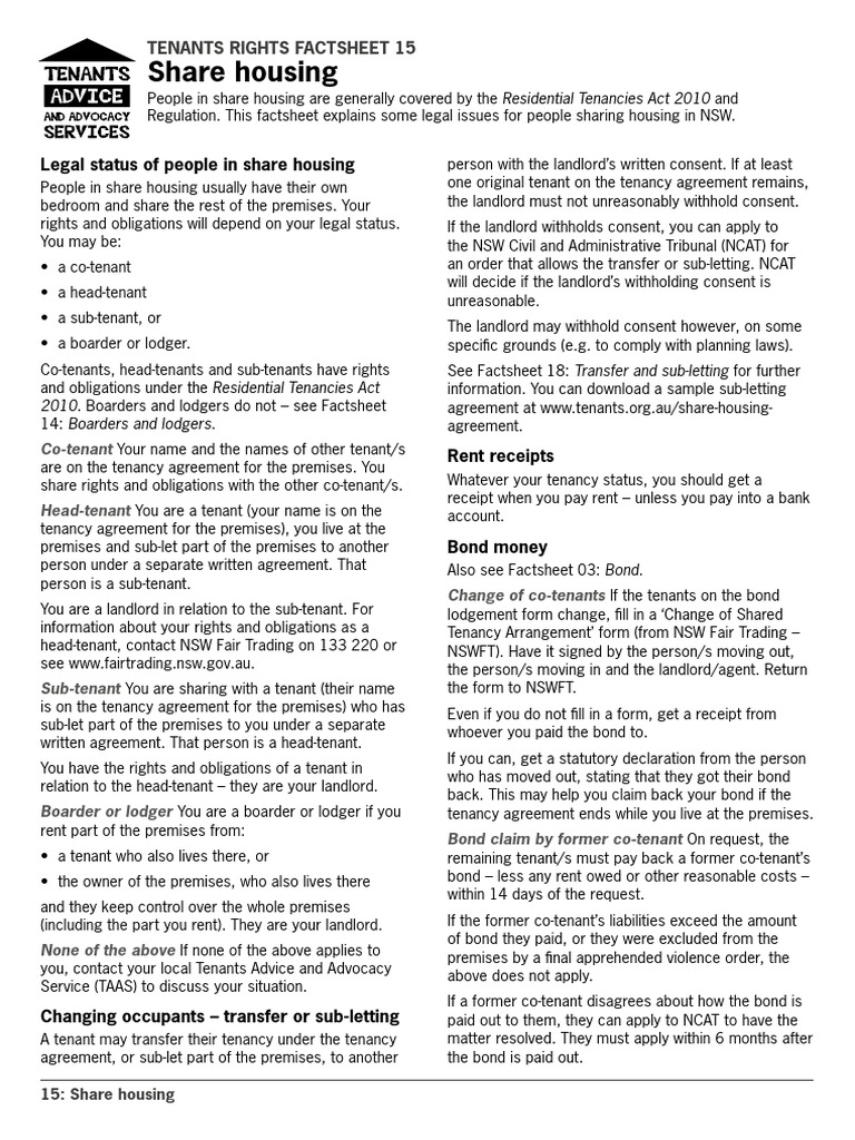 Share Housing Tenants Rights Factsheet 15 PDF Lease Leasehold Estate