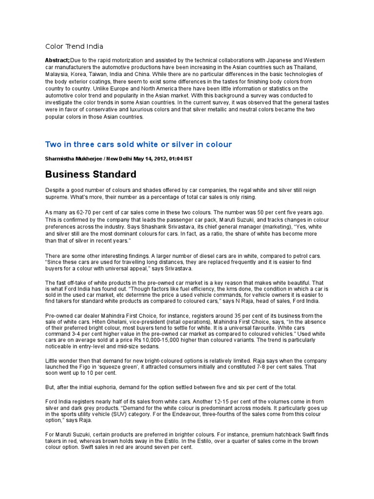 Business Standard Two in Three Cars Sold White or Silver in Colour