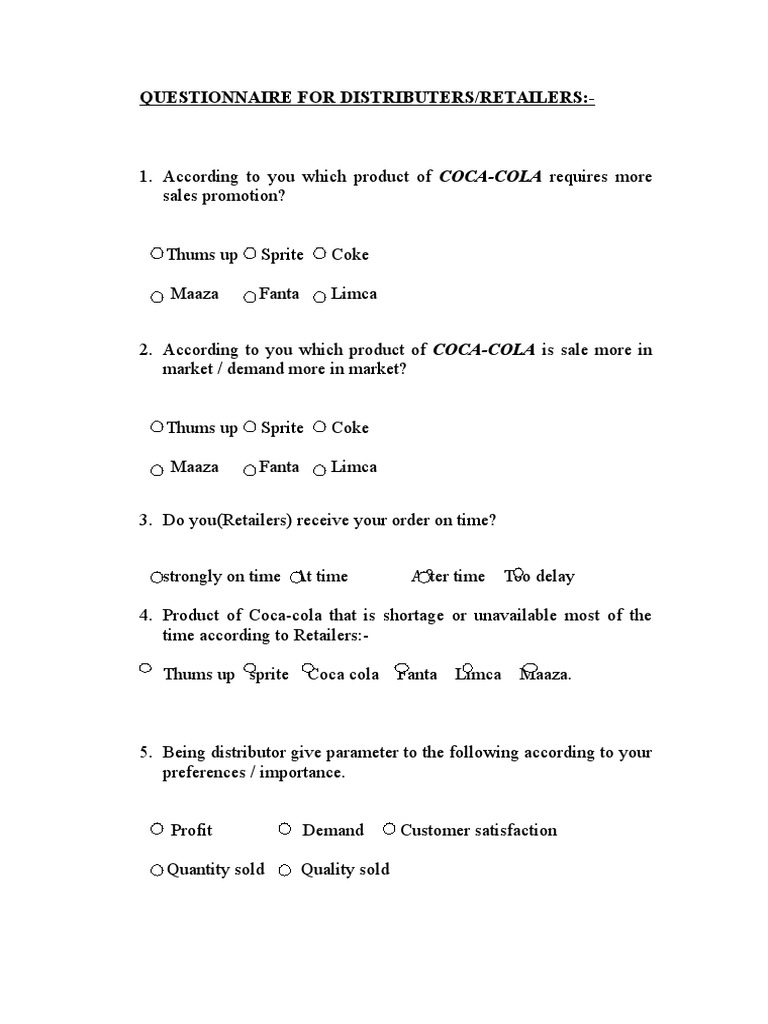 Questionnaire For Distributers | PDF | Business | Cooking, Food & Wine