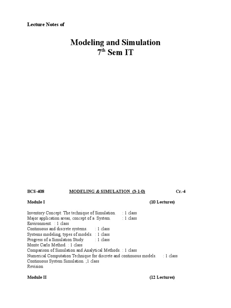 Modeling and Simulation Lecture Notes | PDF