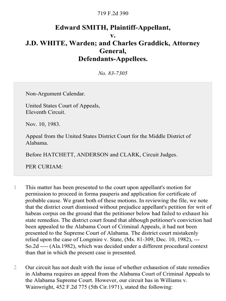 Edward Smith v. J.D. White, Warden and Charles Graddick, Attorney General,  719 F.2d 390, 11th Cir. (1983) | PDF | Appeal | Supreme Court Of The United  States