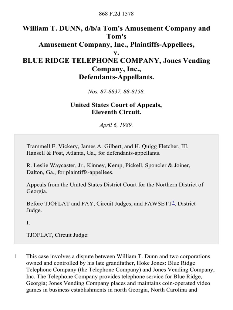 William T. Dunn, D/B/A Tom's Amusement Company and Tom's Amusement