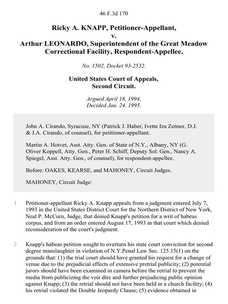 Ricky A. Knapp v. Arthur Leonardo, Superintendent of The Great Meadow ...