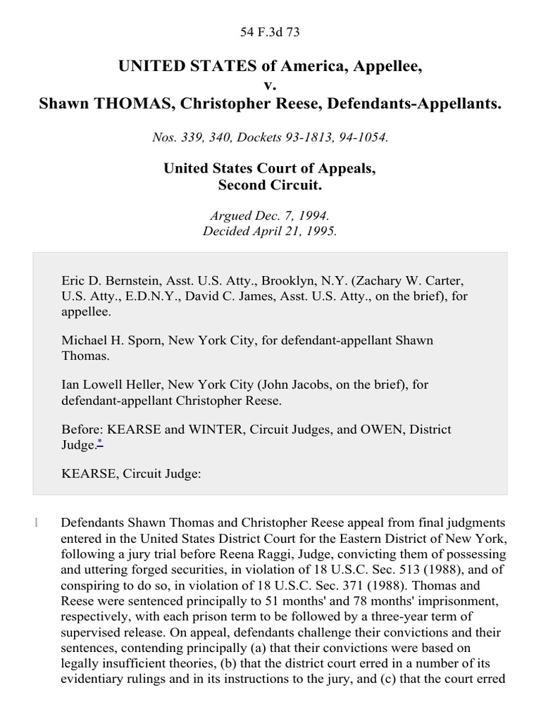United States v. Shawn Thomas, Christopher Reese, 54 F.3d 73, 2d Cir ...