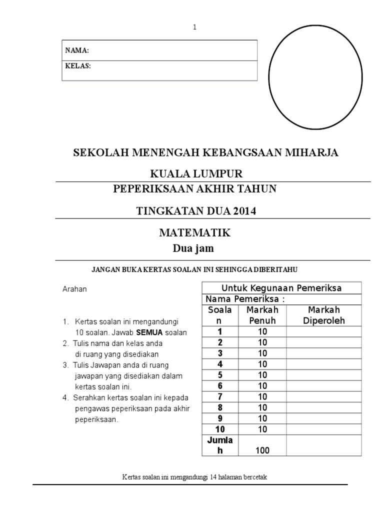 Soalan Matematik Mpak Tingkatan 5