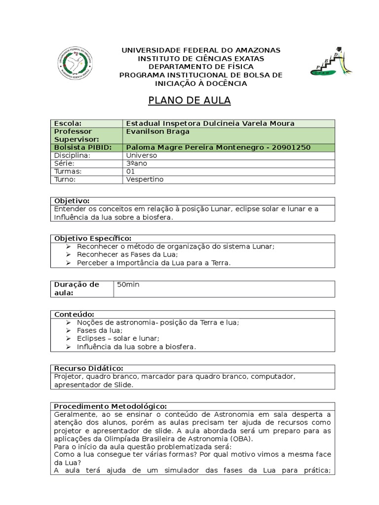 Plano de Aula: Fases da Lua 3º Ano | PDF | Eclipse | Lua