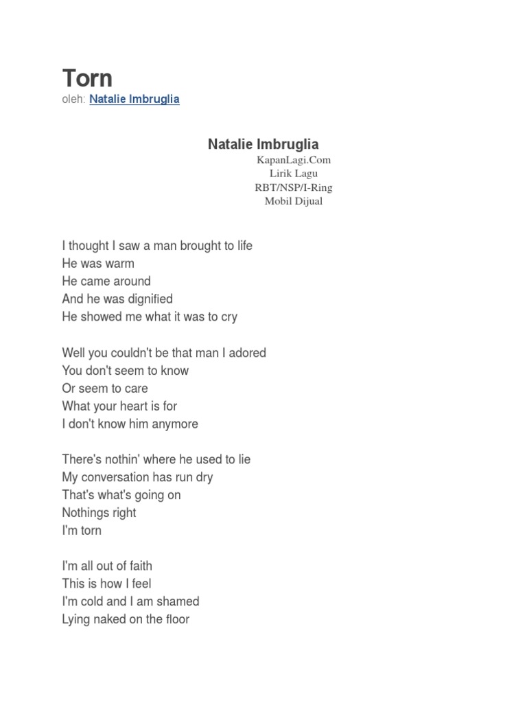 Torn Natalie Imbruglia Lyrics | PDF
