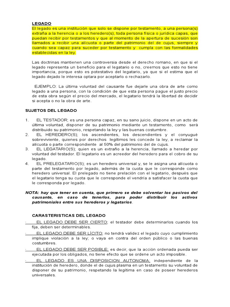 Ejemplos y Definición de Legados Testamentarios | PDF | Legado | Herencia