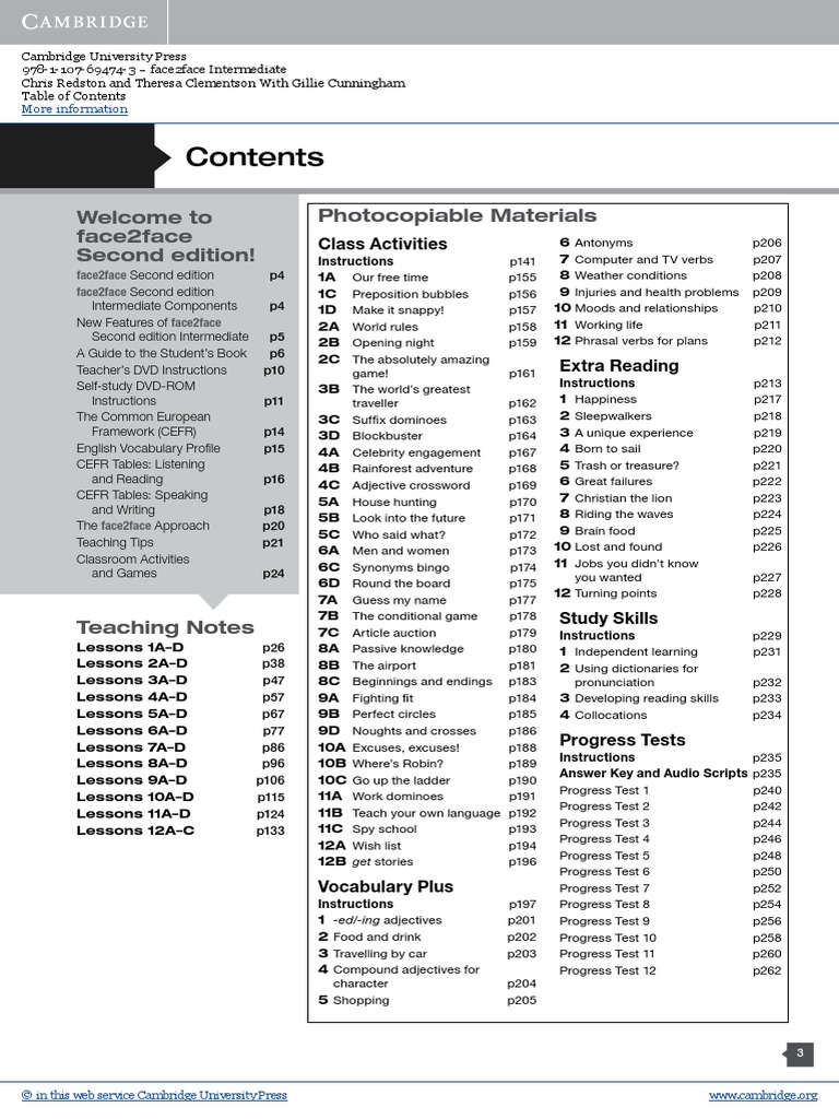 Face2face2 Intermediate Teachers Book With DVD Table Of Contents.