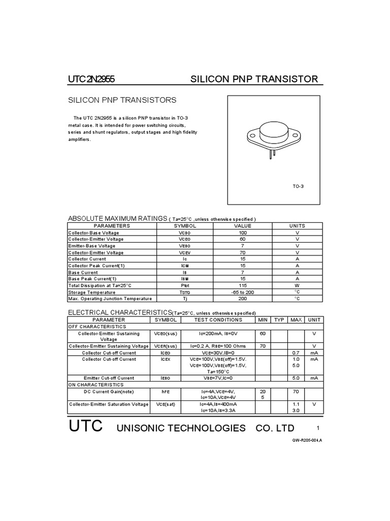 2N2955 PNP Power Transistor Datasheet PDF