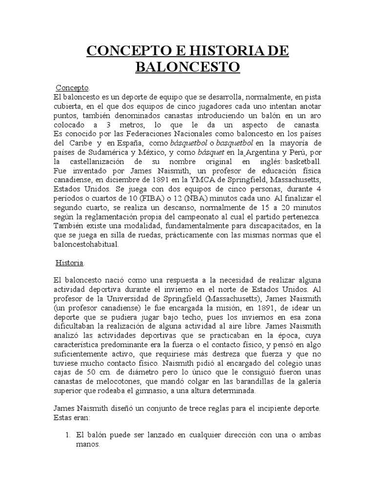 Concepto e Historia de Baloncesto | PDF | Posiciones de baloncesto |  Deportes atléticos