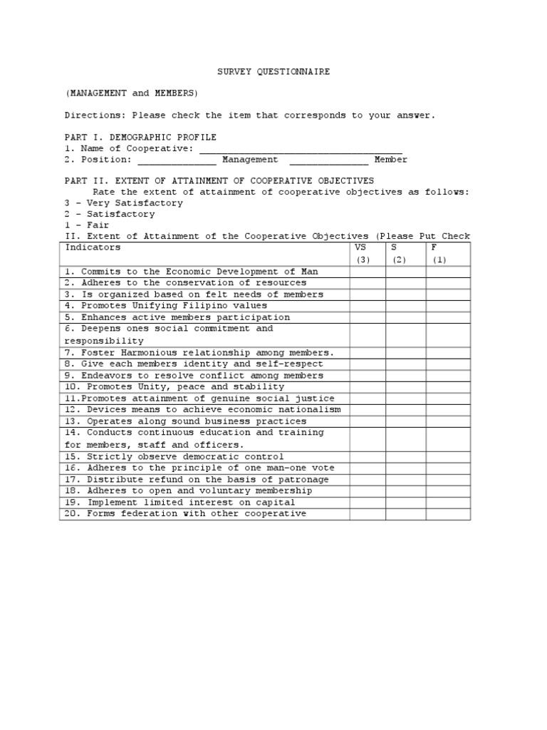 Survey Questionnaire Cooperative Loans