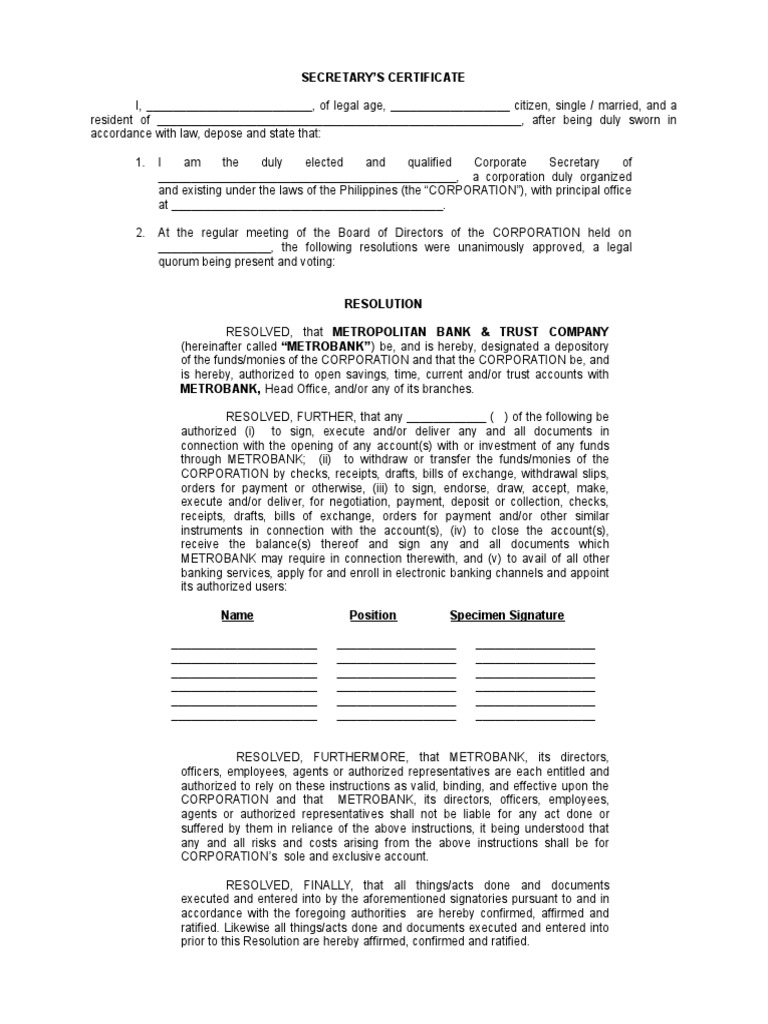 Secretary's Certificate for Metrobank | PDF | Loans | Board Of Directors