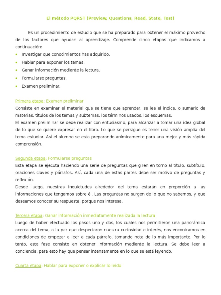 El Método PQRST | PDF | Lectura (proceso) | Memoria