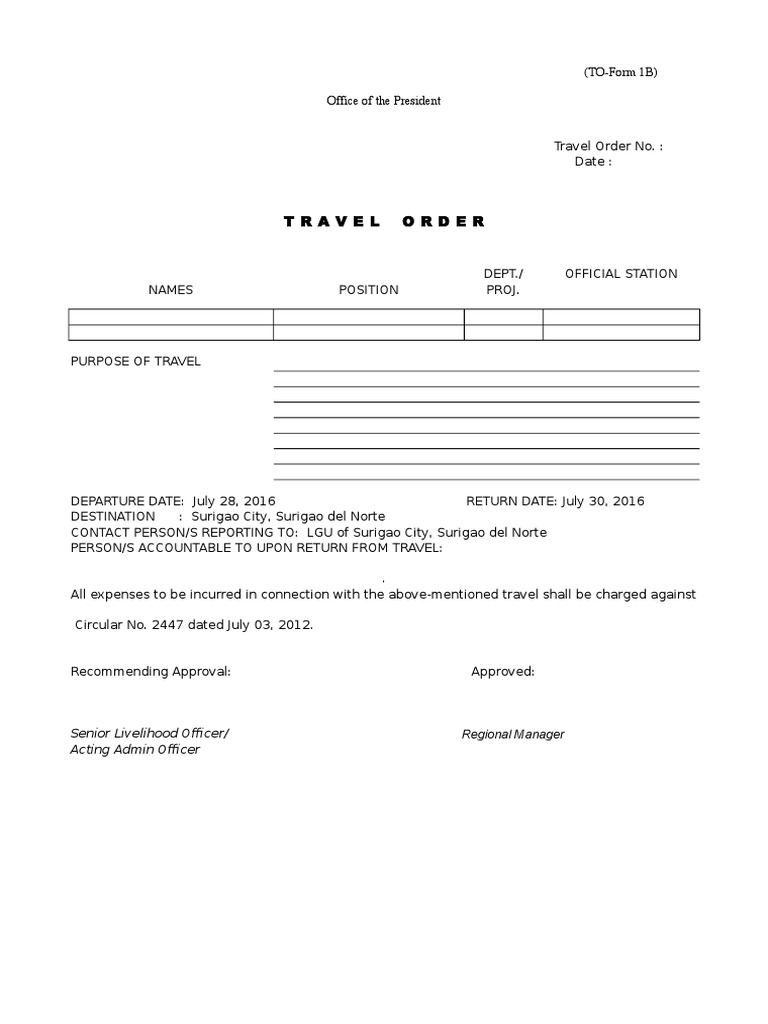 Travel Order Senior Livelihood Officer/ Regional Manager Acting Admin