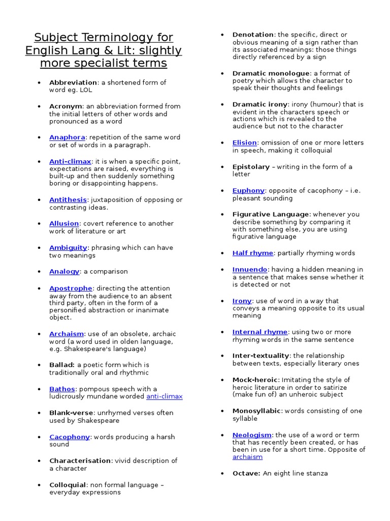 English Language Subject Terminology List | PDF | Poetry | Narration