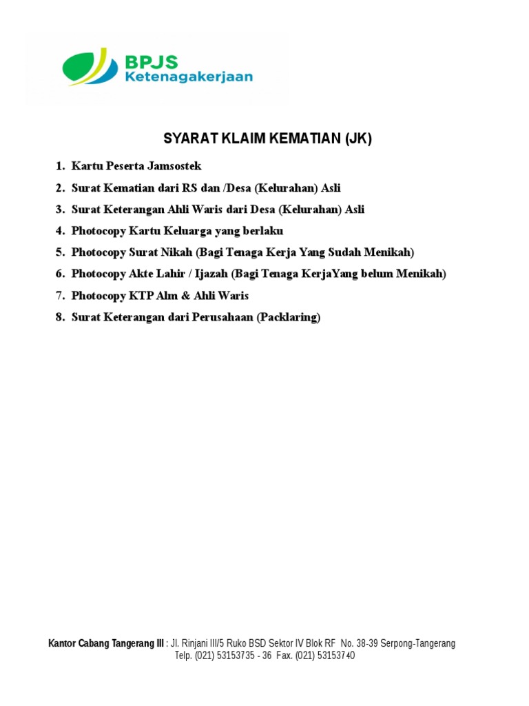 Syarat Klaim Kematian Bpjs Ketenagakerjaan