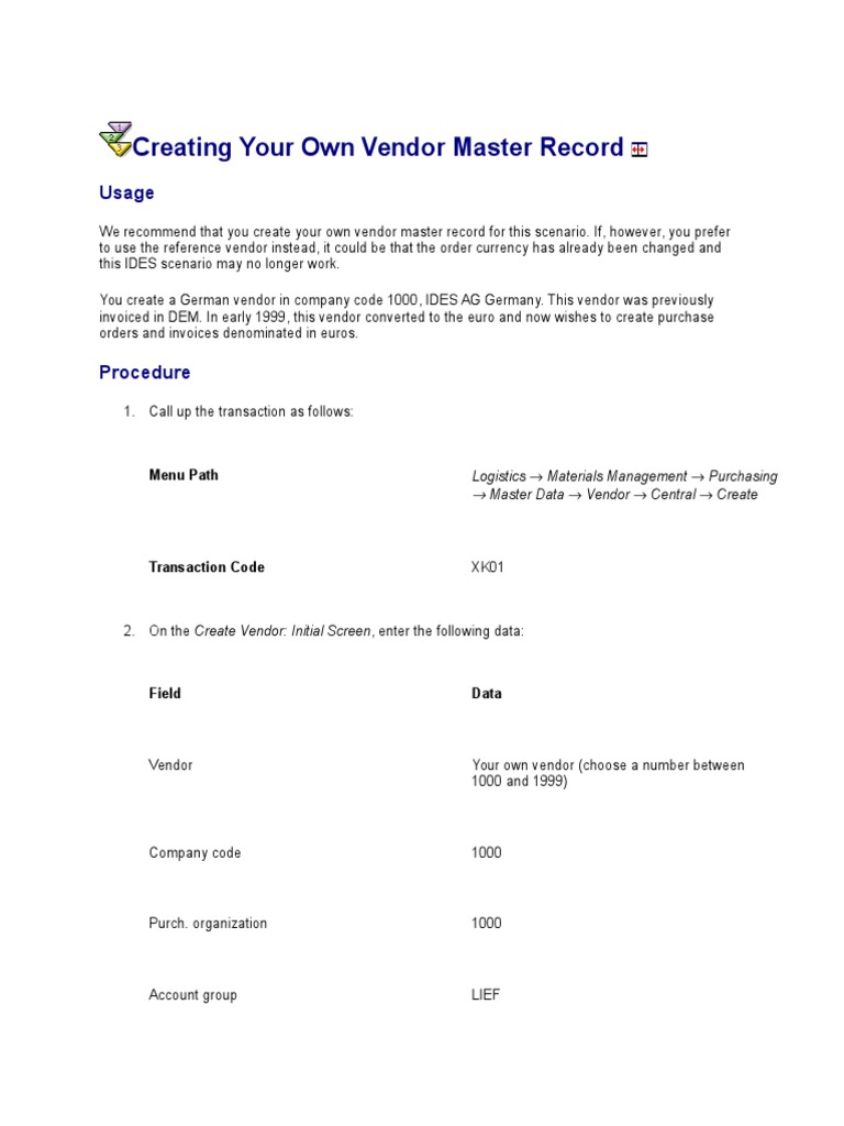 Create Vendor Master Record in SAP | PDF