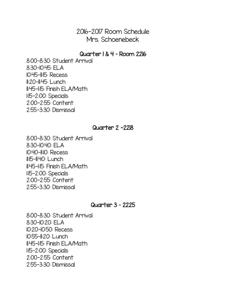 16-17 Room Schedule | PDF | Home & Garden