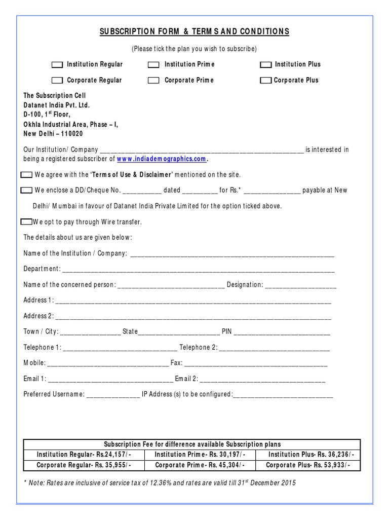 IndiaDemographics Subscription Form | PDF | Subscription Business Model ...