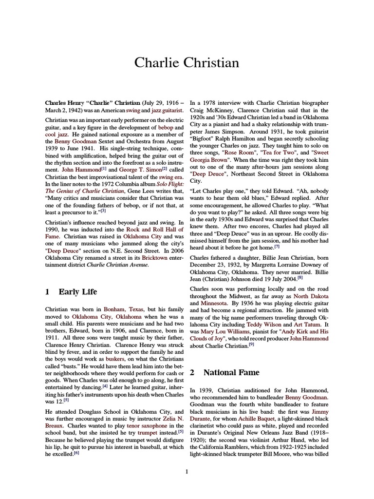 Charlie Christian Biography | PDF | Jazz | American Styles Of Music