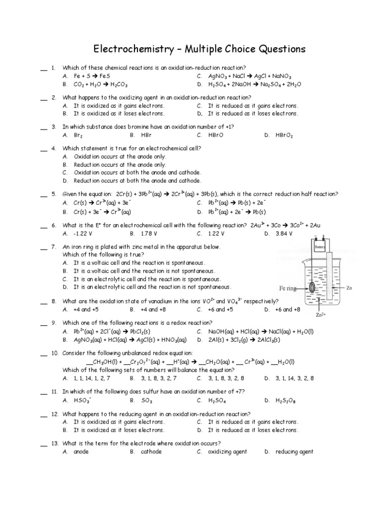 Electrochemistry MCQ PDF Redox Electrochemistry