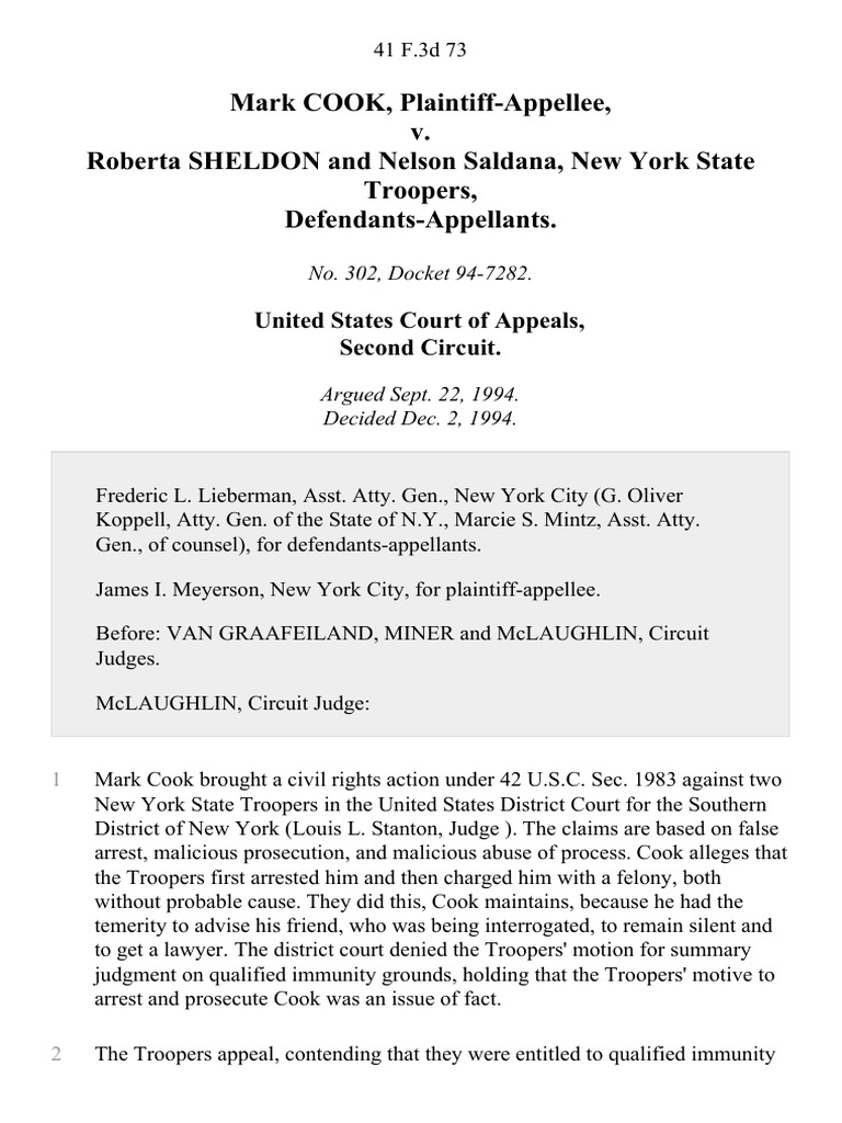 Cook v. Sheldon & Saldana: False Arrest Case | PDF | Malicious ...