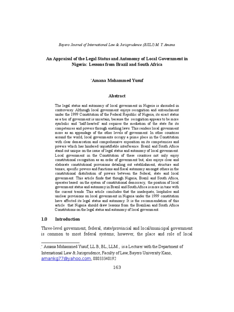 An Appraisal of The Legal Status and Autonomy of Local Government in ...