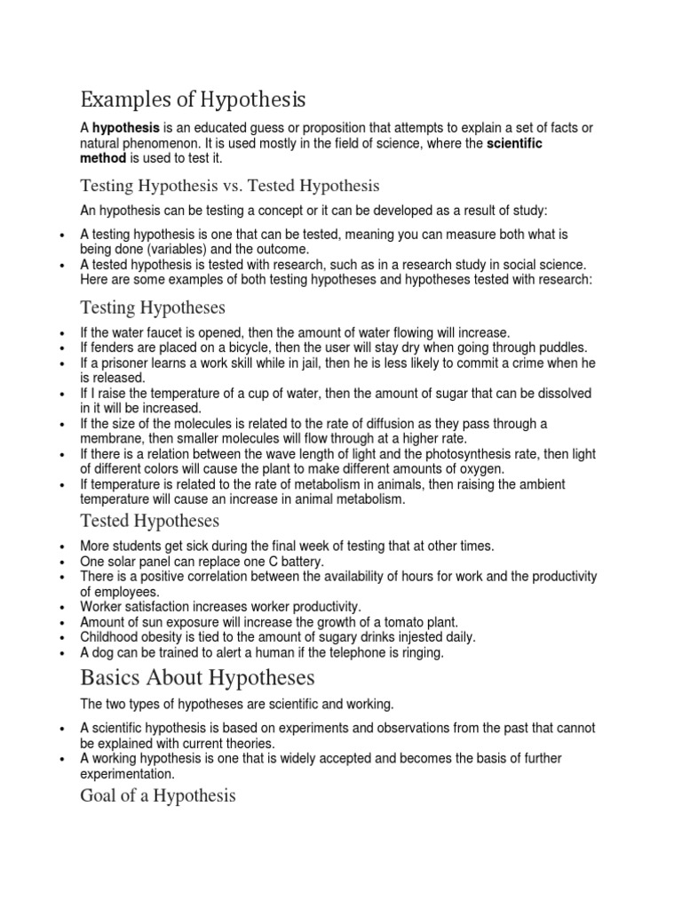 examples of hypothesis | Hypothesis | Experiment