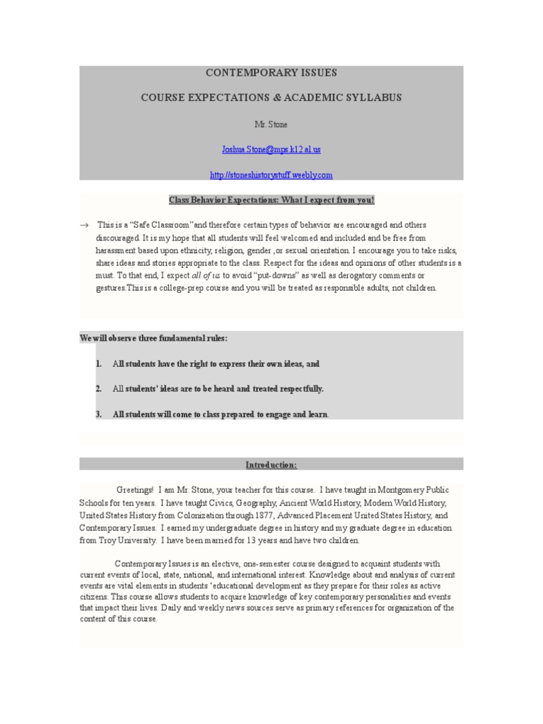 Contemporary Issues Course Syllabus | PDF | Homework | Teachers