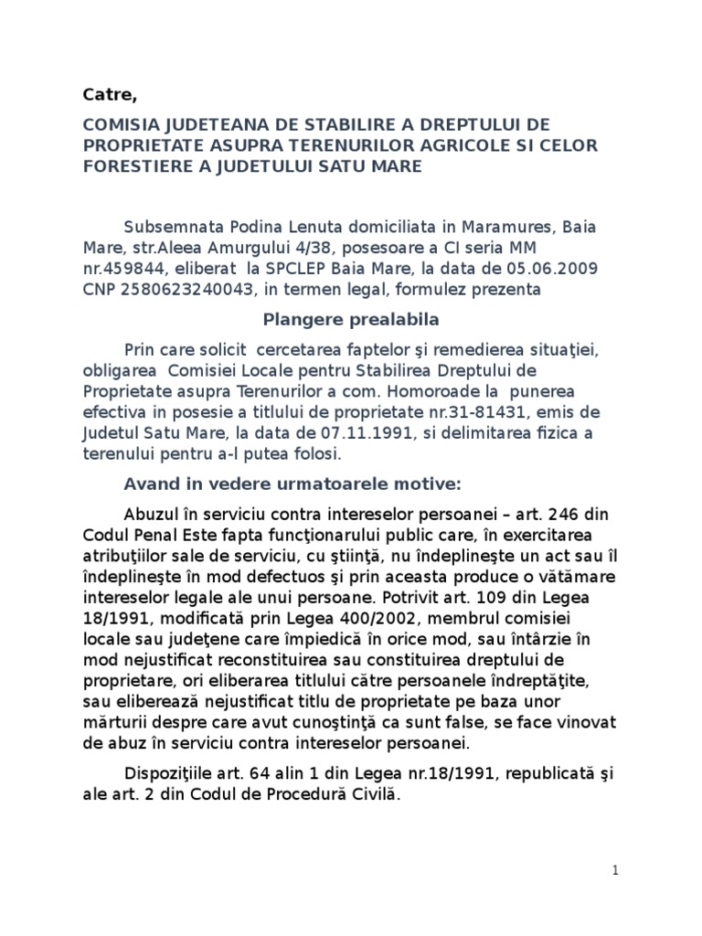 Cerere De Punere In Posesie Teren